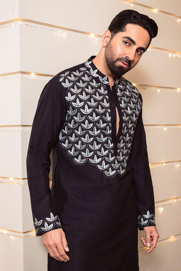 Black Leaf Embroidered Men's Kurta with Pajama