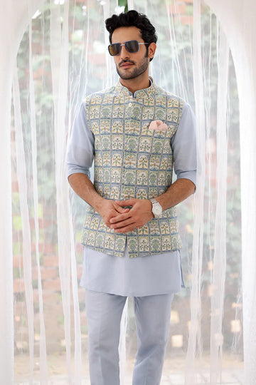 Men in Made Sky Blue Floral Printed Jacket And Kurta Set For Men's