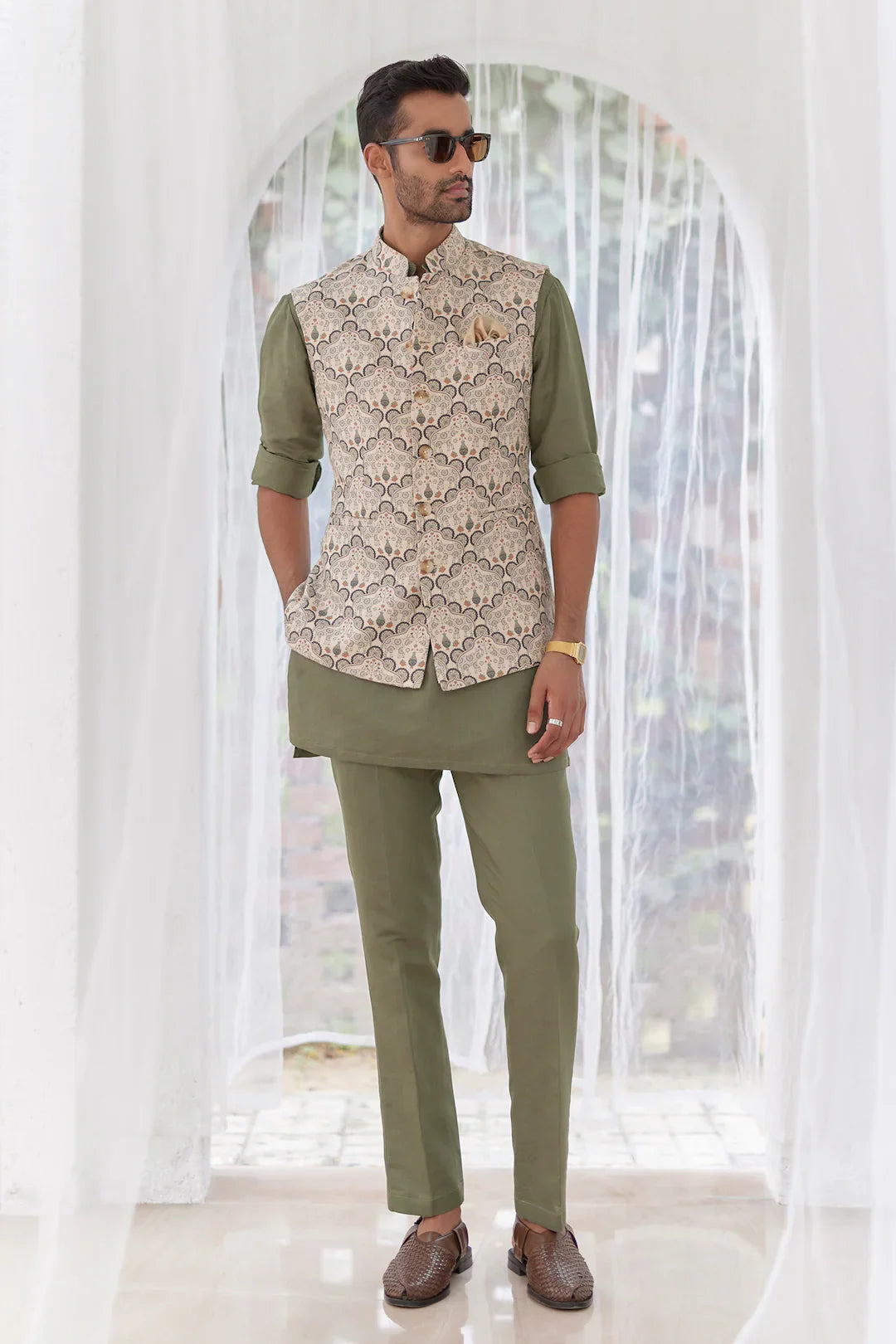 Men in Made Sage Green Palsley Printed Jacket And Kurta Set For Men's