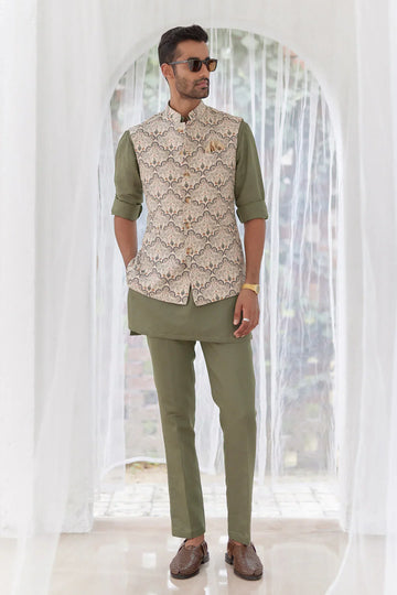 Men in Made Sage Green Palsley Printed Jacket And Kurta Set For Men's