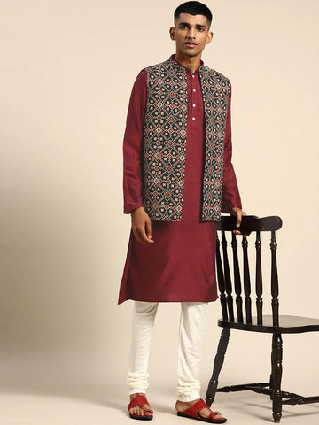 Men in Made Red And Black Printed Jacket And Kurta Set For Men's