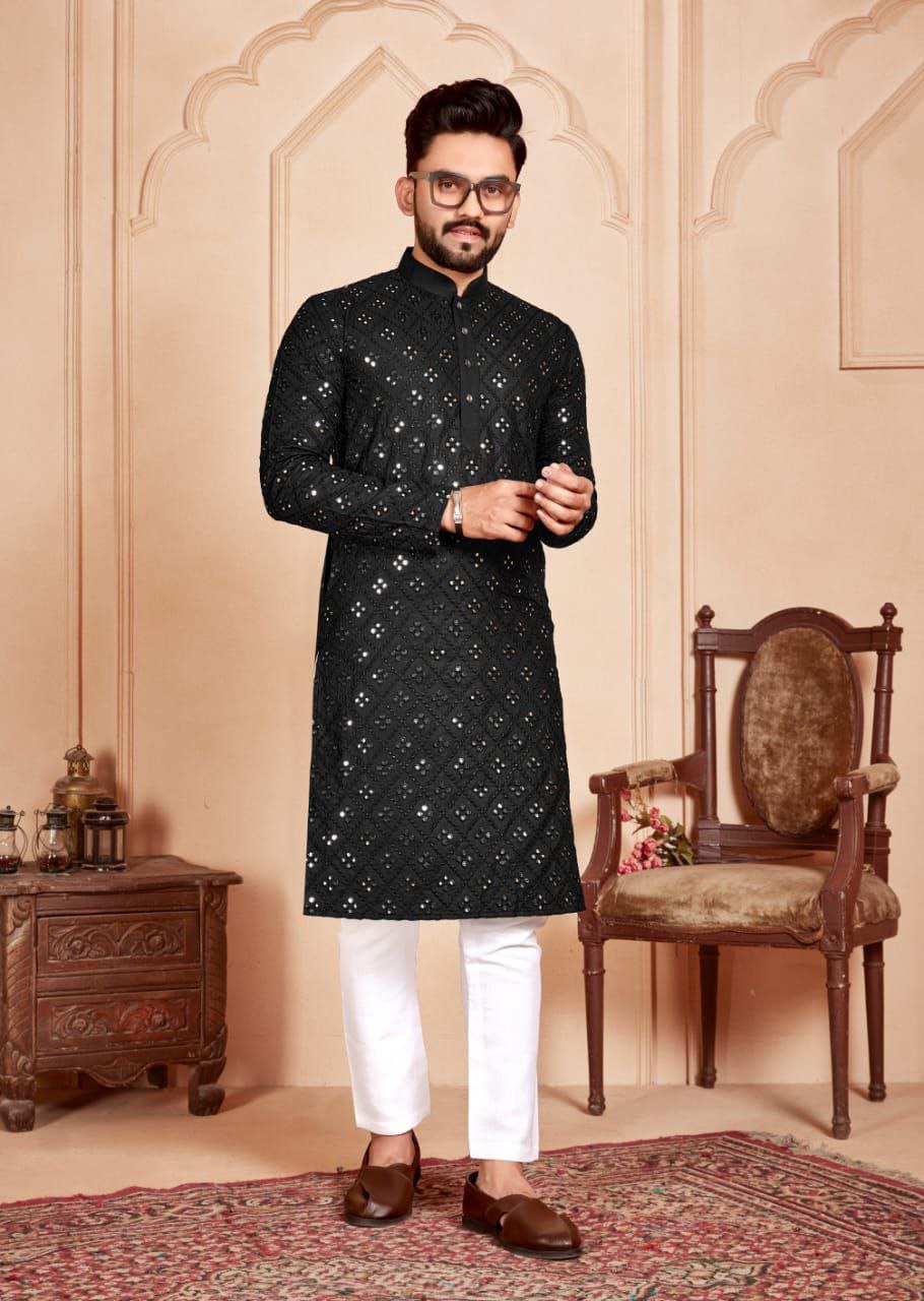 Black Mirror Embroidered Work Men's Kurta with Pajama