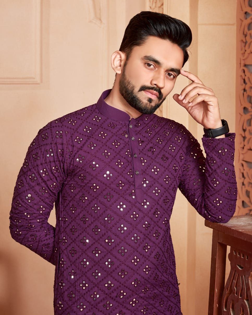 Wine Mirror Work Men's Kurta with Pajama