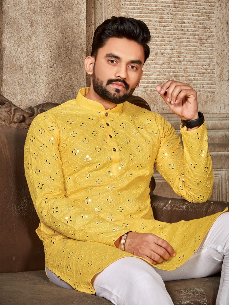 Yellow Haldi Special Mirror Work Men's Kurta with Pajama