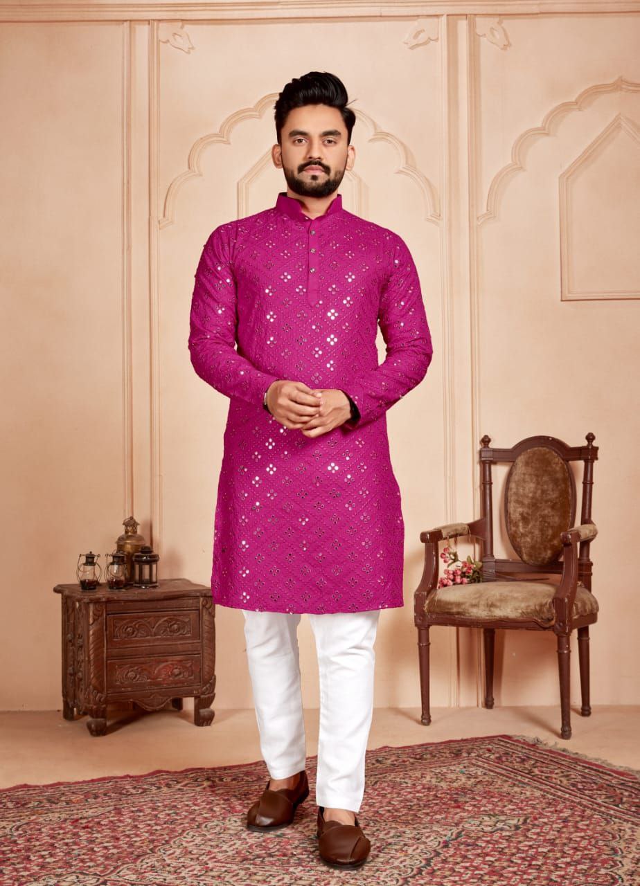 PINK MIRROR EMBROIDERY KURTA WITH PAJAMA