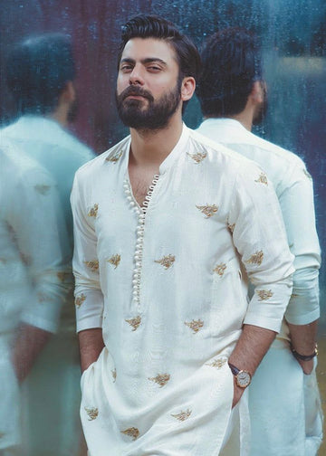 Stylish White Embroidered Work Men's Kurta with Pajama