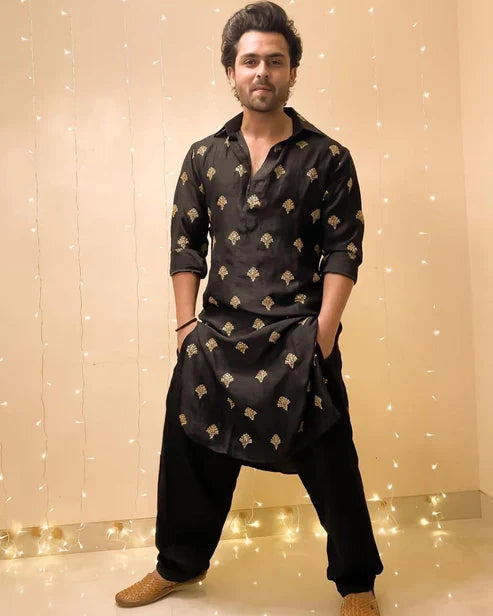 Black Sequence Embroidered Work Men's Kurta with Pajama