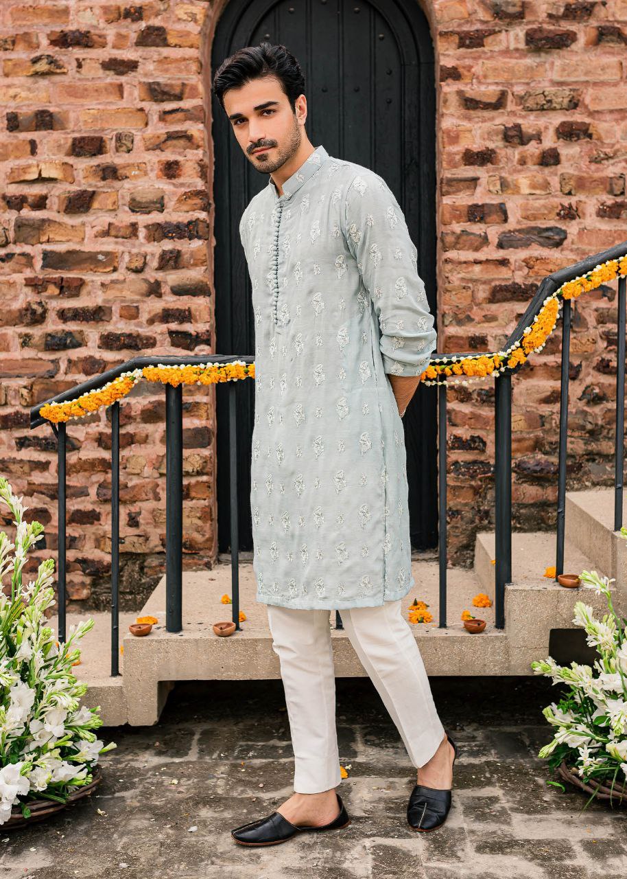 Powder Blue Embroidered Work Men's Kurta with Pajama