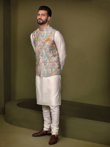 Men in Made Multi Color Printed Jacket And Kurta Set For Men's