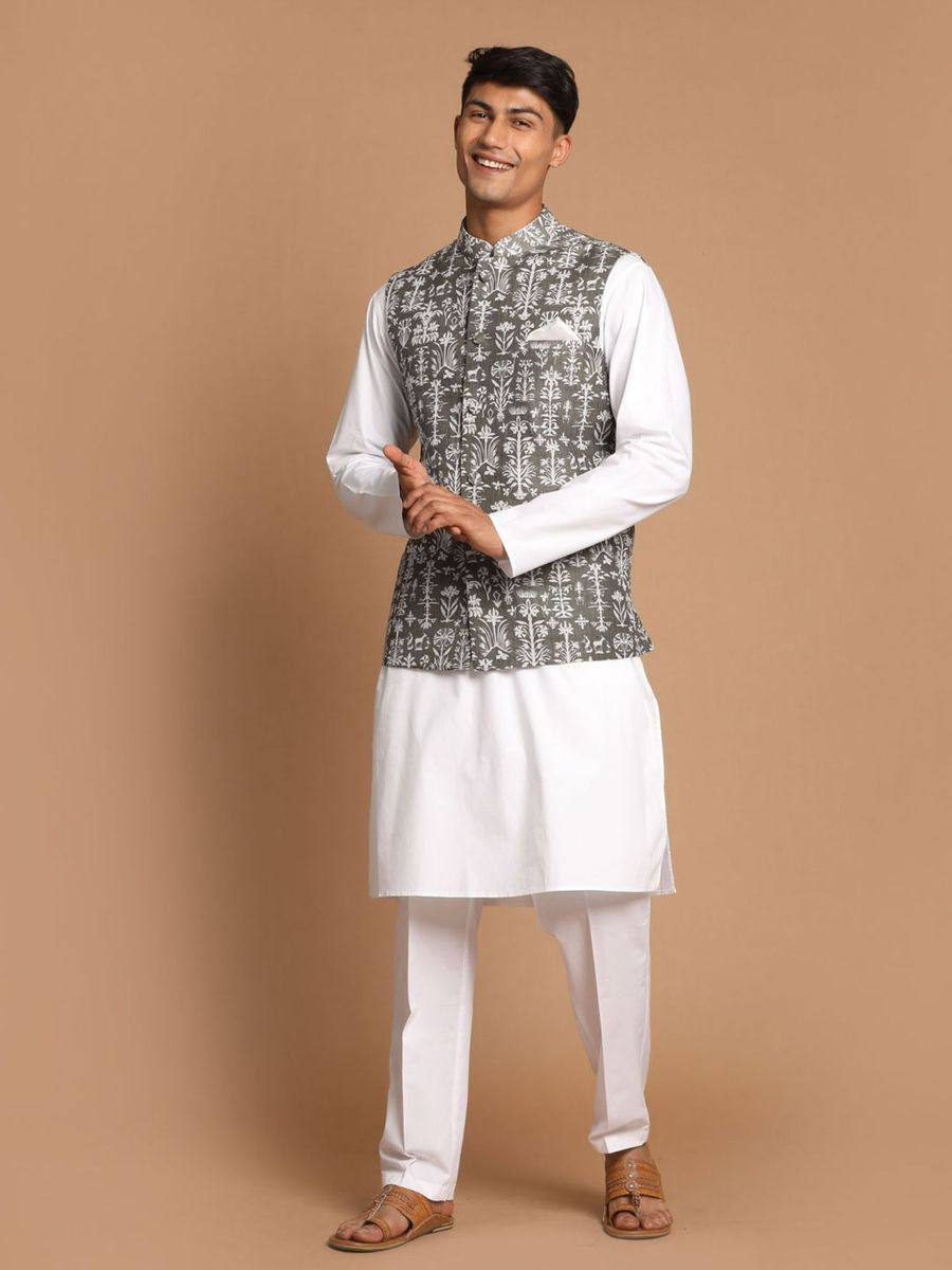 Men in Made Grey & White Printed Jacket And Kurta Set For Men's