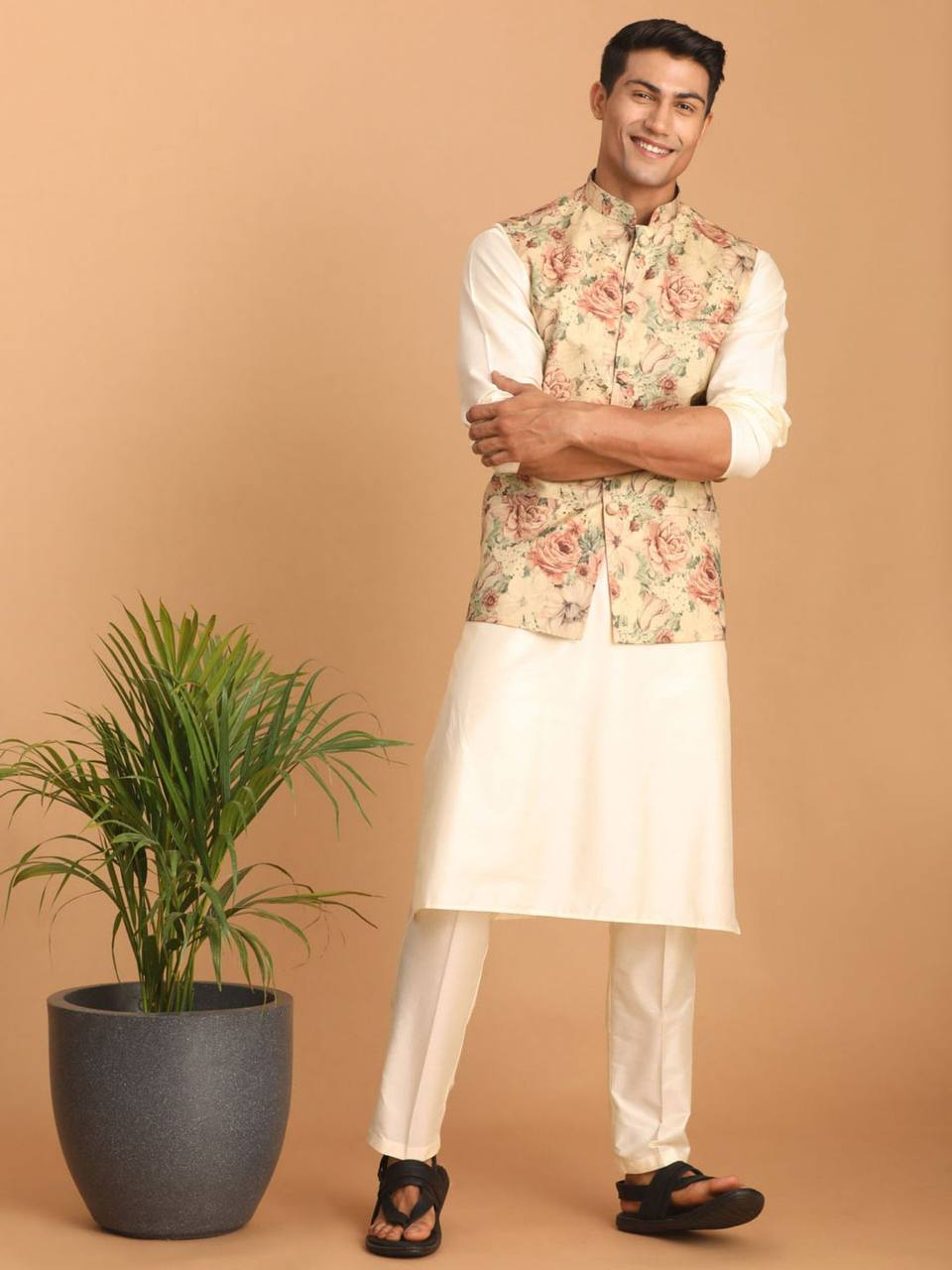 Men in Made Brown White Floral Printed Jacket And Kurta Set For Men's