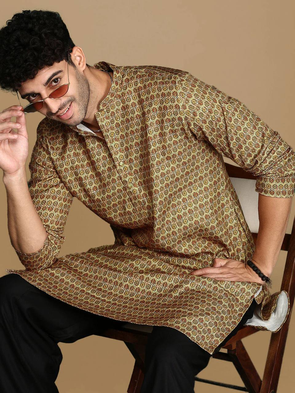 Brown Trendy Printed Kurta With Black Pajama