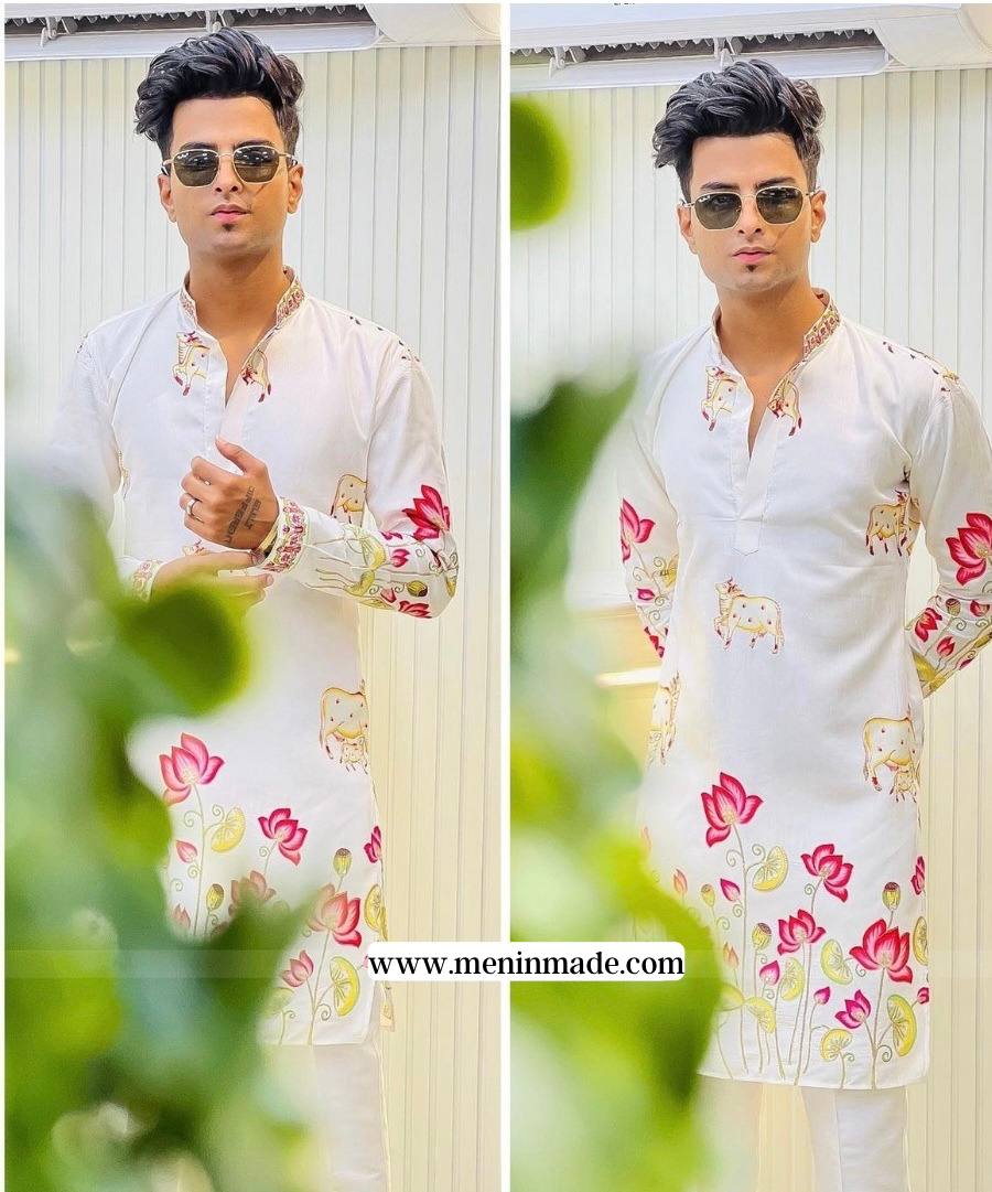 White Lotus & Cow Printed Men's Kurta With Pajama