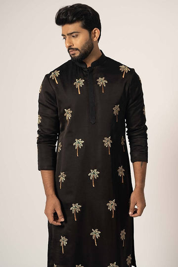 Black Coconut Tree Embroidered Work Men's Kurta with Pajama