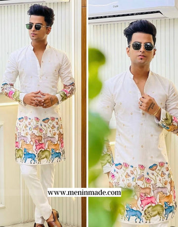 White Cow and Butti Work Printed Men's Kurta With Pajama