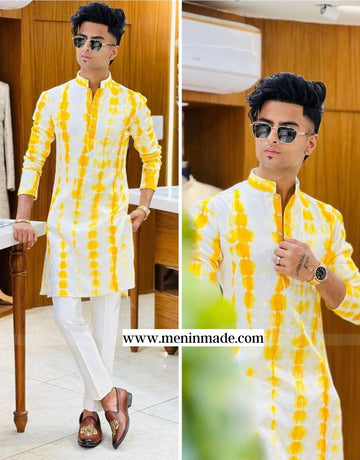 Yellow Shibori Printed Men's Kurta With Pajama