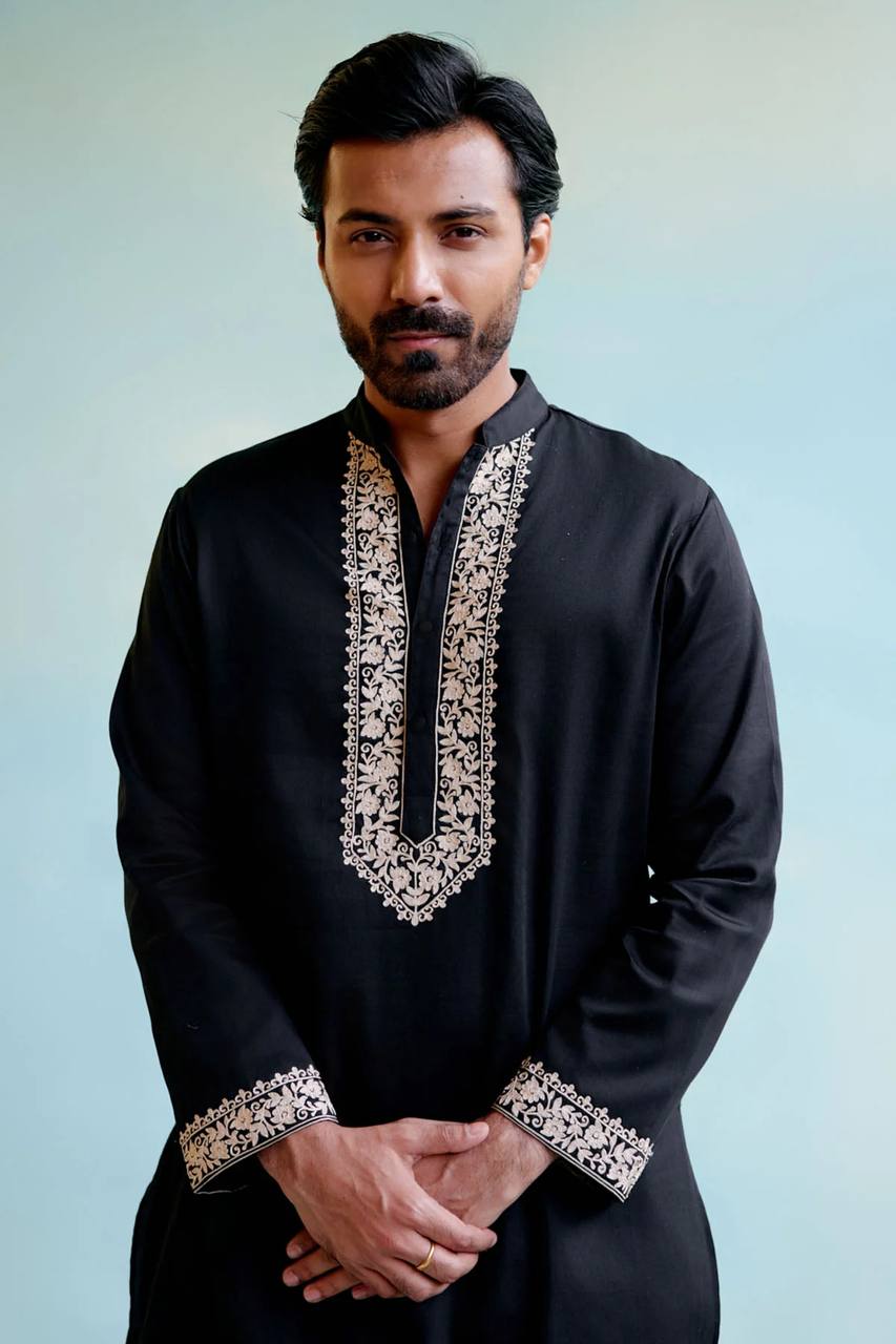 Black Neck Embroidered Work Men's Kurta with Pajama