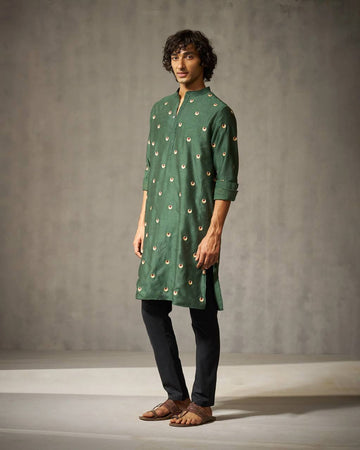 Green Chand Motifs Embroidered Work Men's Kurta with Black Pajama