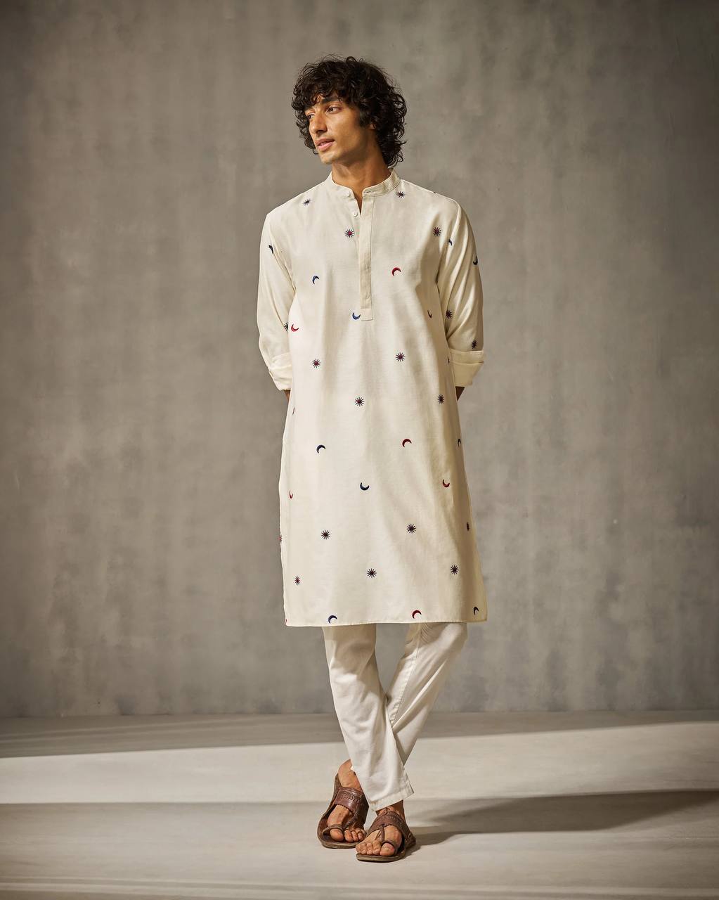 White Chand and Tara Motifs Embroidered Work Men's Kurta with Pajama