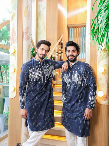 Faisu Blue White Print and Mirror Embroidered Work Kurta with Pajama