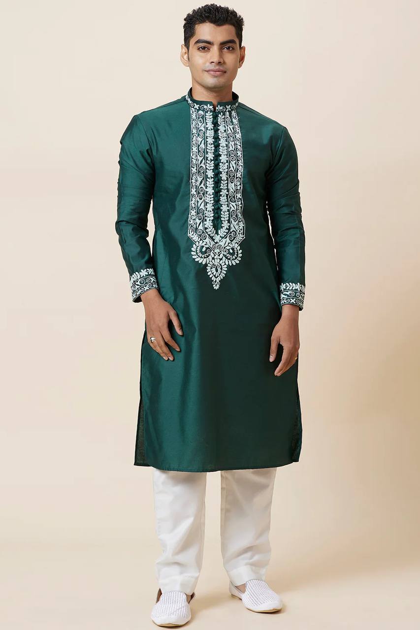 Green Neck Embroidered Work Men's Kurta with Pajama